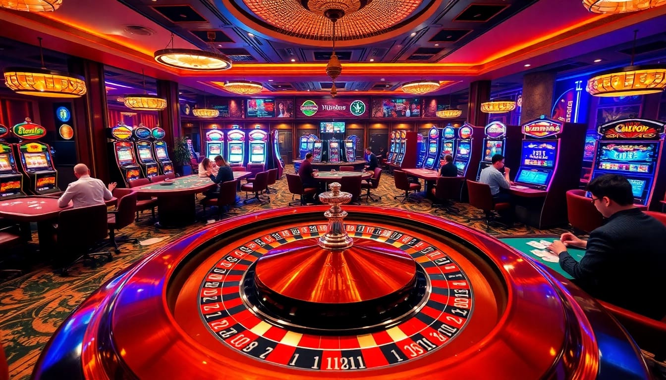 Experience thrilling gameplay at https://rr8888.in.net/ with a lively casino showcasing players at roulette and high-end slot machines.