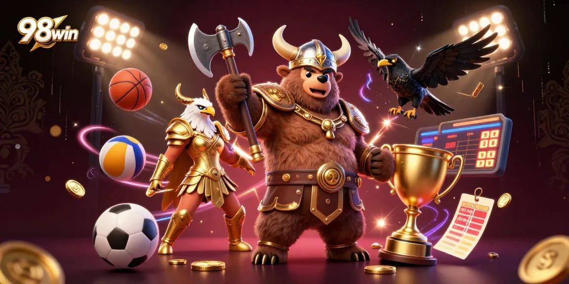 Engage with 98win's dynamic gameplay illustrated by a Viking bear and Valkyrie eagle in a vibrant casino scene.