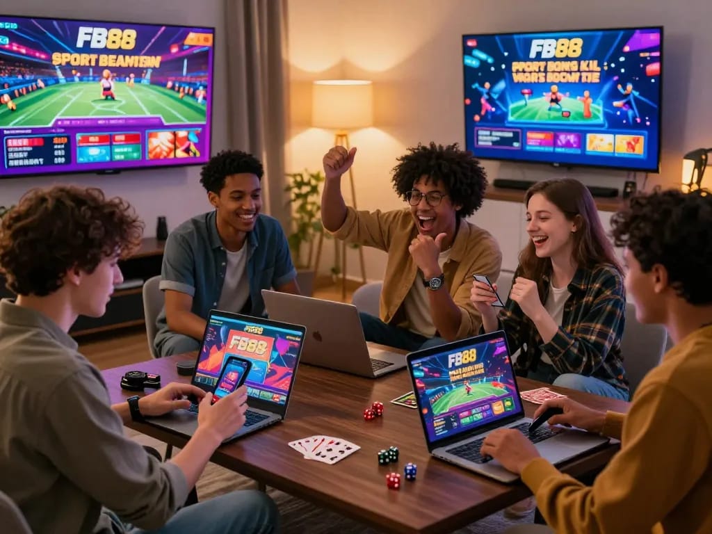 Excited users engaging with FB88 on smartphones and laptops during a lively game night in a modern living room.