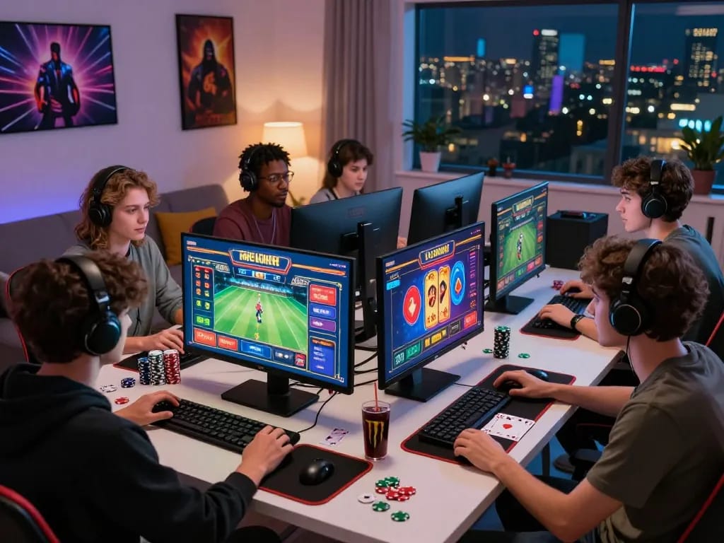 Friends enjoying an engaging gaming session at https://8kbett.dev/ with colorful betting interfaces and cozy ambiance.