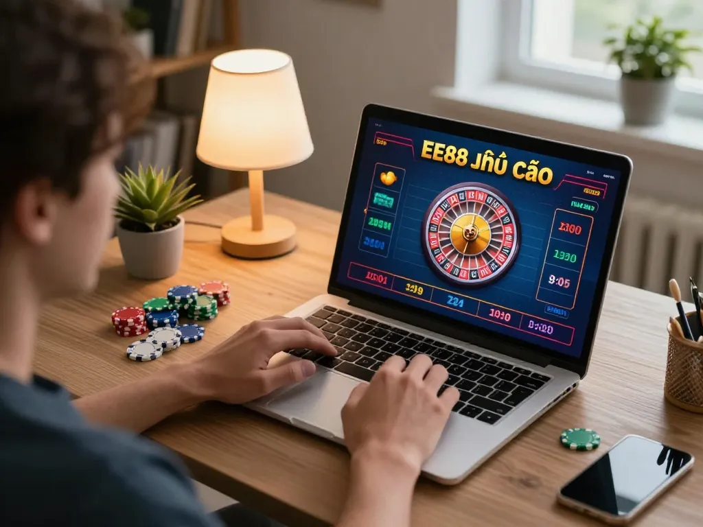 Engaging online gaming session on EE88 nhà cái with roulette wheel and warm home office setting.