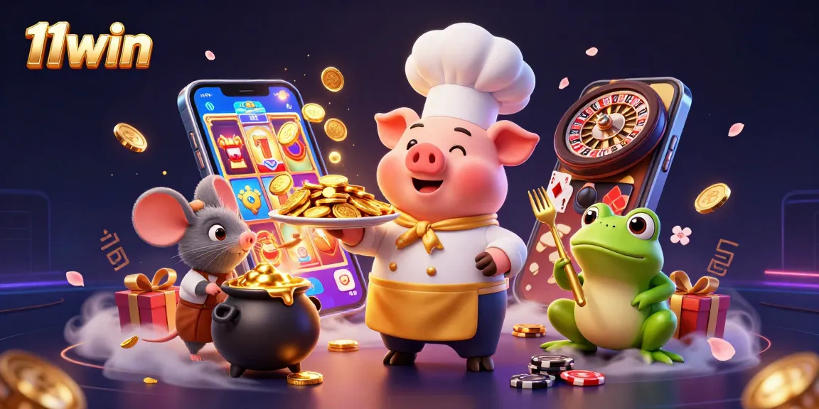 Join the fun at 11win with a lively 3D casino illustration showcasing characters serving gold coins amidst vibrant gambling elements.