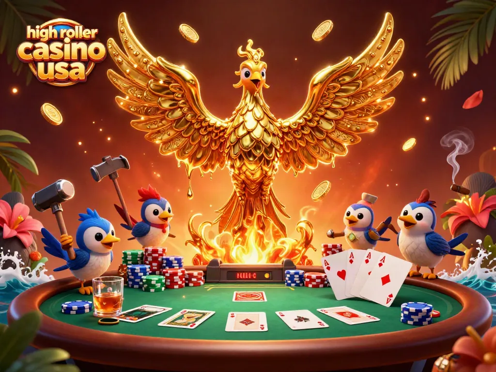 Experience the thrill of high roller casino usa with a golden phoenix amid poker elements and vibrant colors.