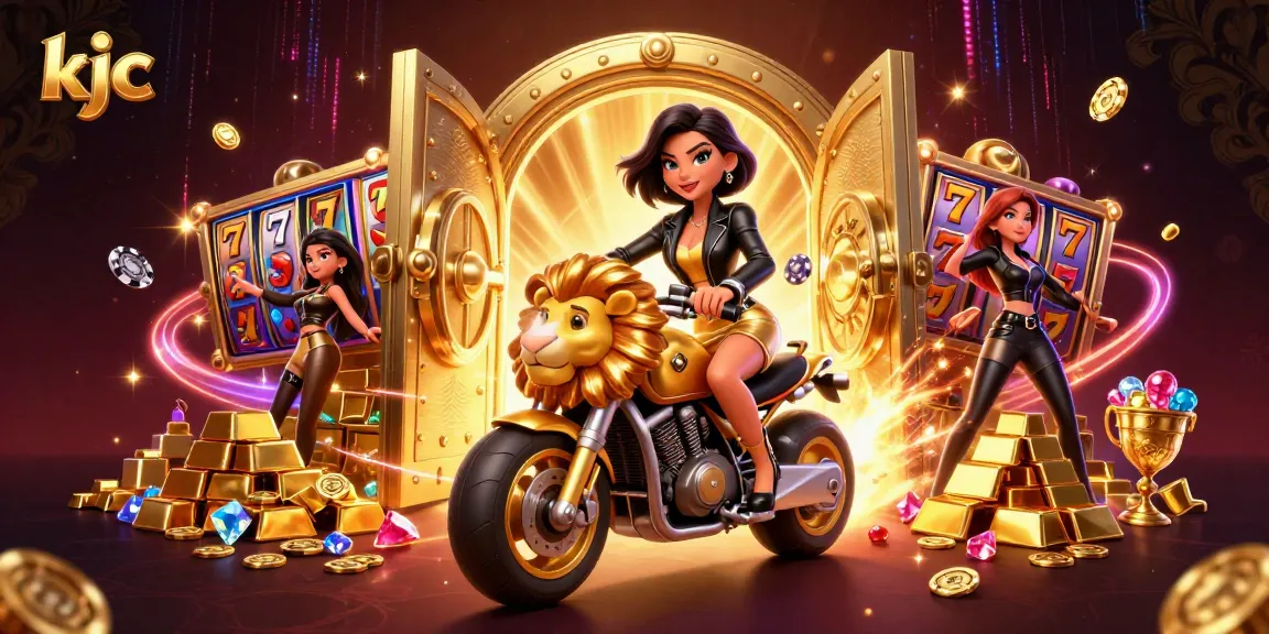 KJC offers an exciting casino experience showcasing a glamorous woman riding a golden lion surrounded by winnings.