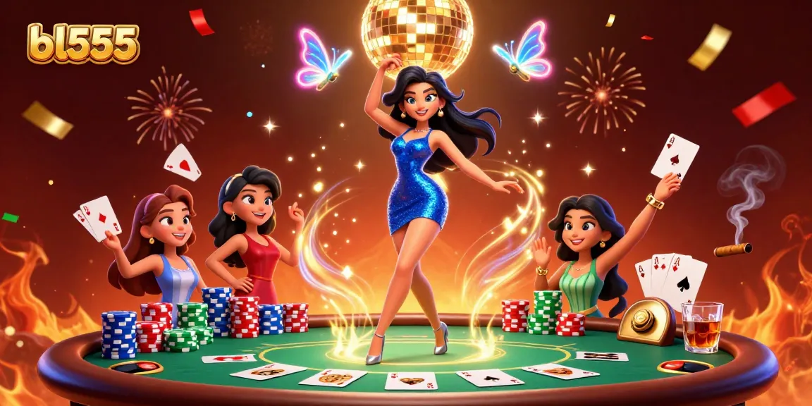 Engage with bl555's exciting casino atmosphere filled with vibrant poker elements and celebratory confetti.