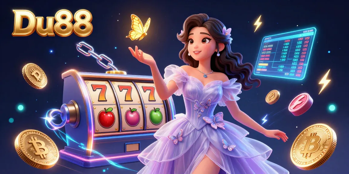 Engage with Du88's vibrant casino experience featuring slot reels, exotic symbols, and cryptocurrency elements.