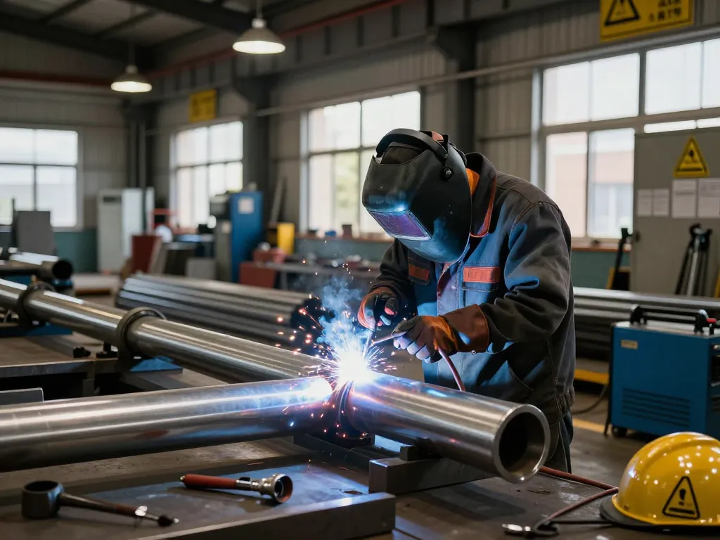 Welder using sumwin stainless steel pipes in a bright industrial workshop focused on quality craftsmanship and safety.