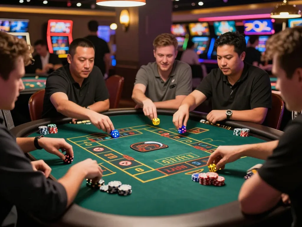 Tài Xỉu players placing bets at a lively casino table, capturing the thrill of dice rolling.
