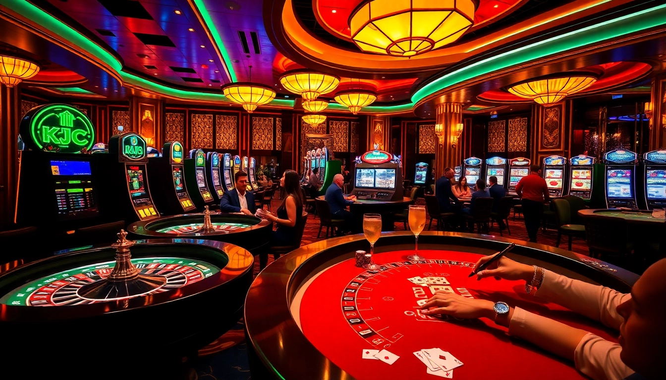 Experience the thrill of KJC gaming with vibrant casino tables, poker players, and rich lighting.