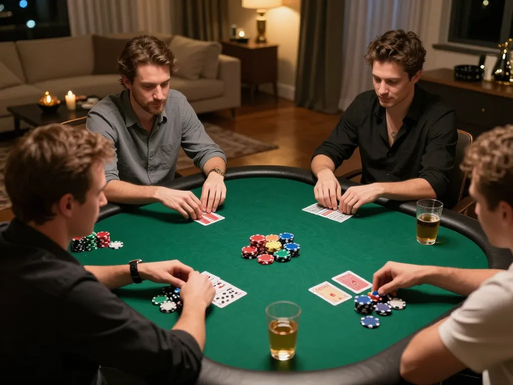 8day players enjoying intense poker game with chips and cards in vibrant home setting