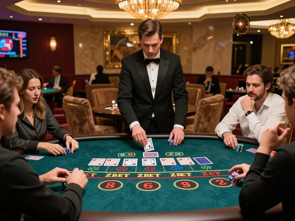 Players engaged at Zbet Casino baccarat table, strategizing bets with an elegant dealer.