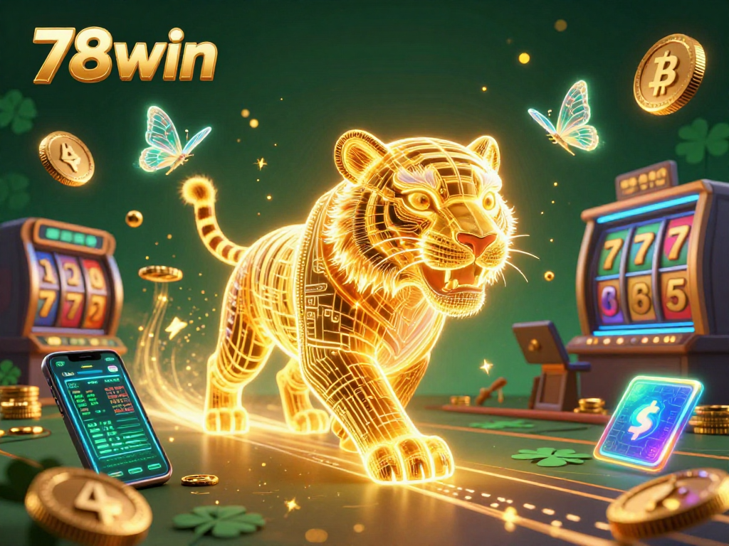 Experience the thrill of 78win with a vibrant digital casino scene featuring a golden tiger and holographic elements.