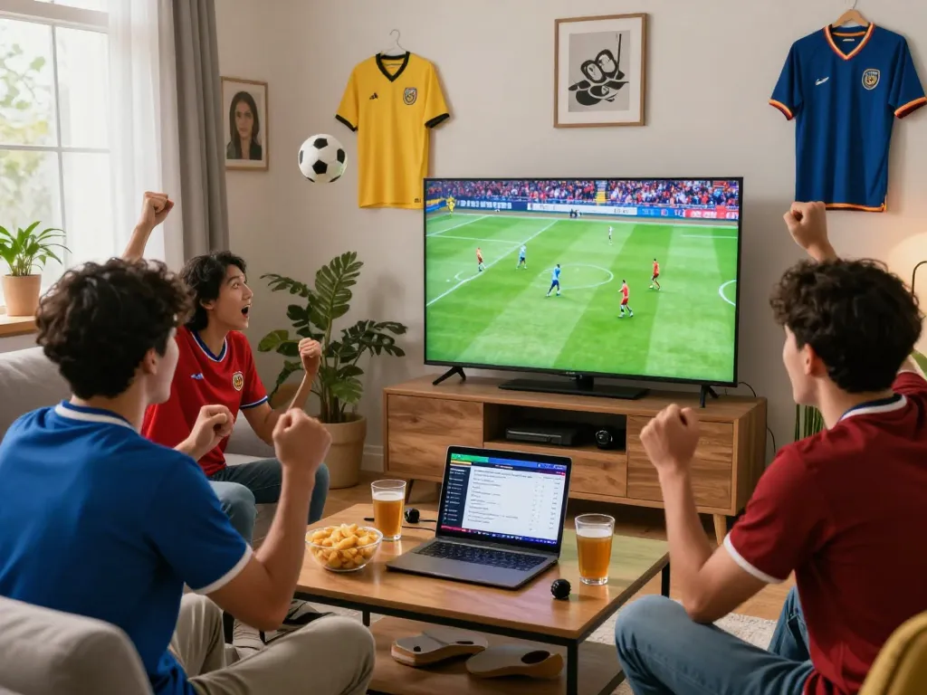 Friends enjoying a live football match on Luongson, celebrating the excitement of sports in a cozy home setting.