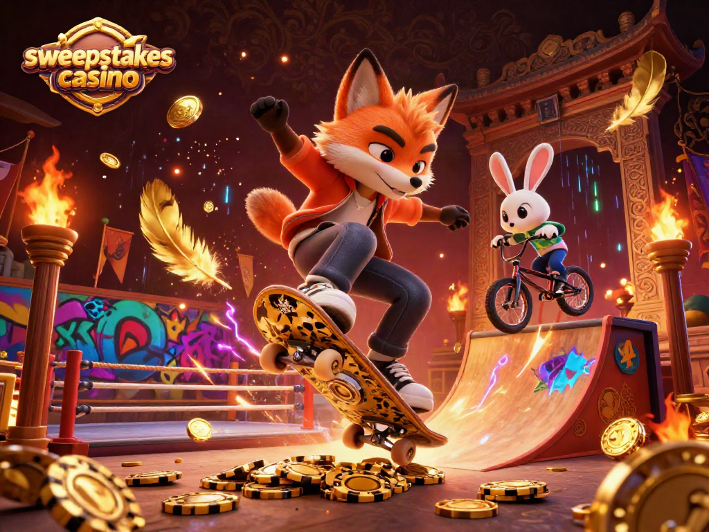 Sweepstakes casino vibrant scene with a fox and rabbit performing tricks over a ramp of poker chips.