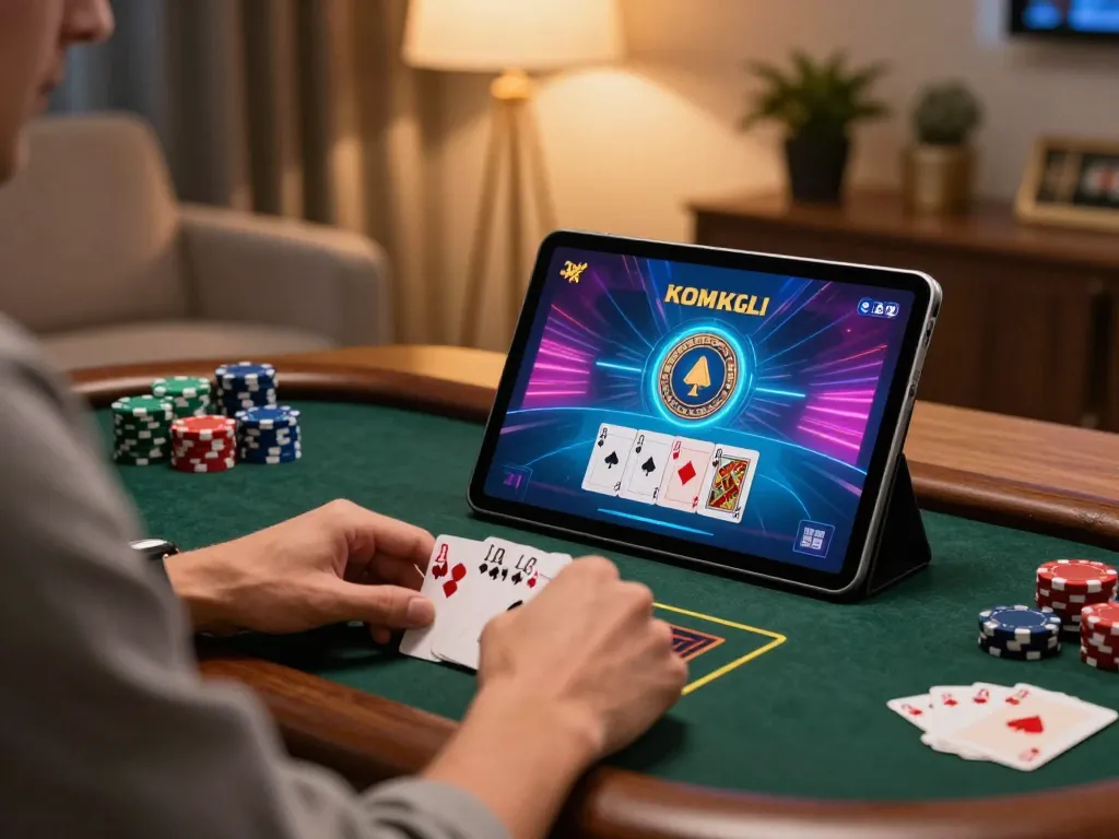 mb668 player betting on an online poker game with chips and cards visible on a sleek tablet while relaxing at home.