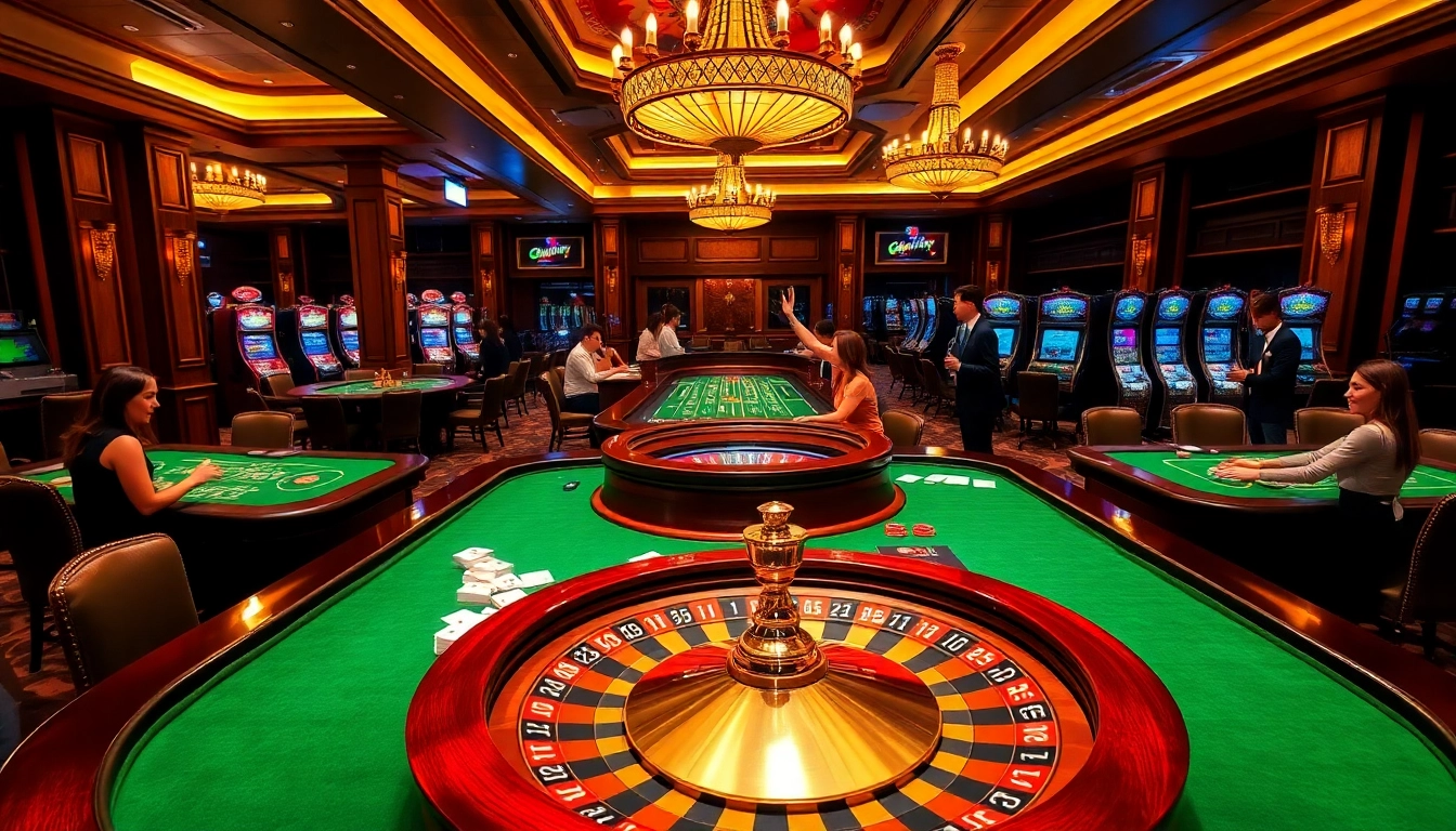 Players enjoying high-stakes games at 98win's luxurious casino, showcasing excitement and winning moments.