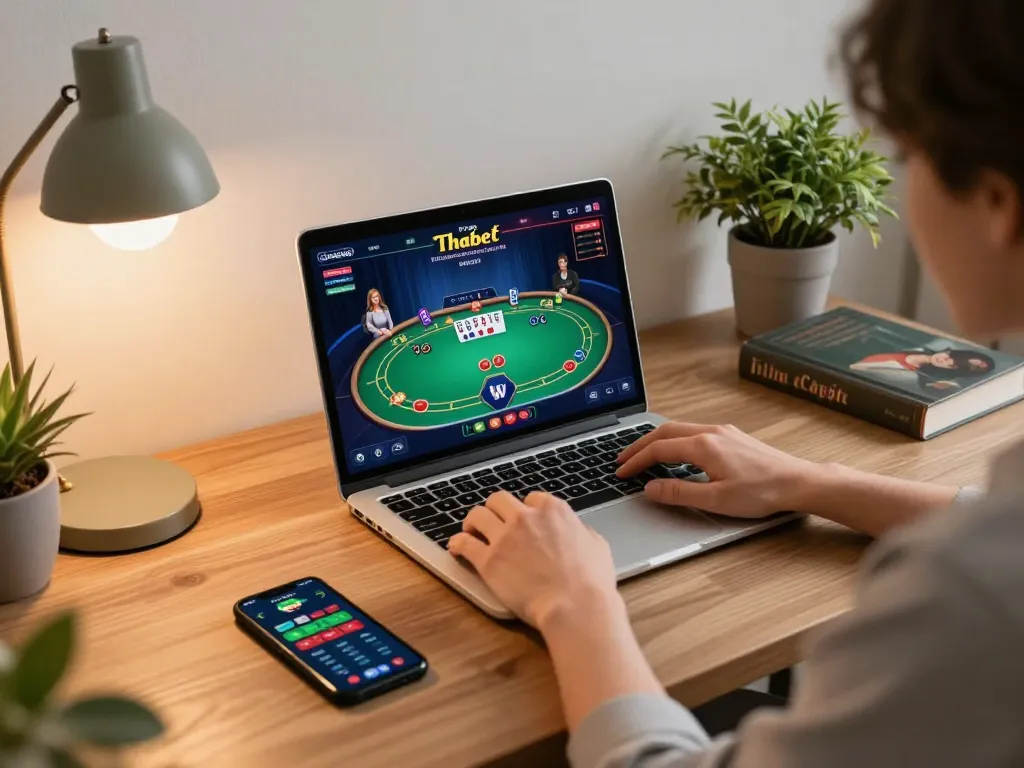 Engaged player enjoying Thabet online gaming experience on a cozy laptop setup.