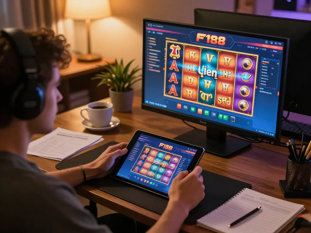 Experience F168 on tablet with vibrant slot action in a cozy gaming setup