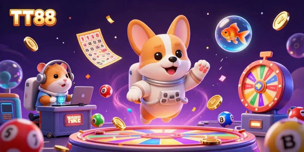 Experience the thrilling casino excitement with TT88 as a cartoon astronaut corgi floats amid colorful gaming elements.