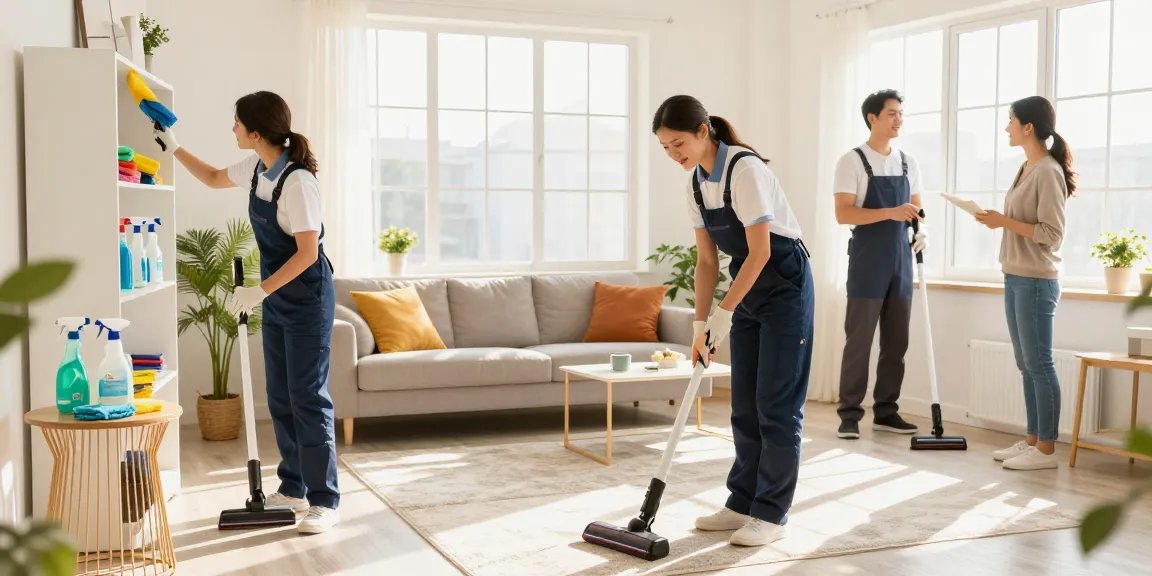 Professional cleaners providing expert reinigungen in a bright living room.