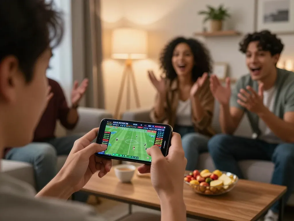 Engaging in live sports betting on ww88 with smartphone while friends celebrate the game action