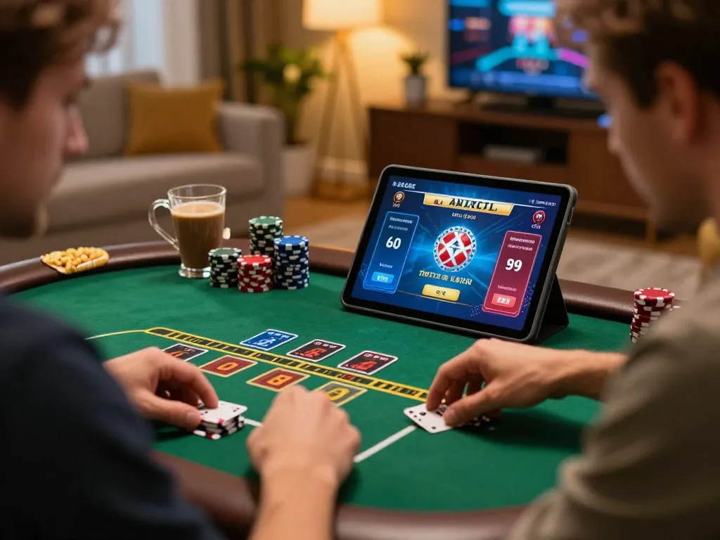 Player interacting with live dealer poker game on SKY88 com tablet, surrounded by snacks and warm lighting.