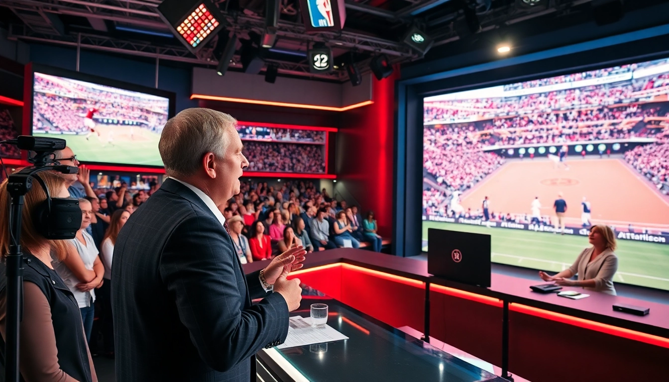 Captivating scene of sports broadcasting with hosts and audience, showcasing Sports Broadcasting.