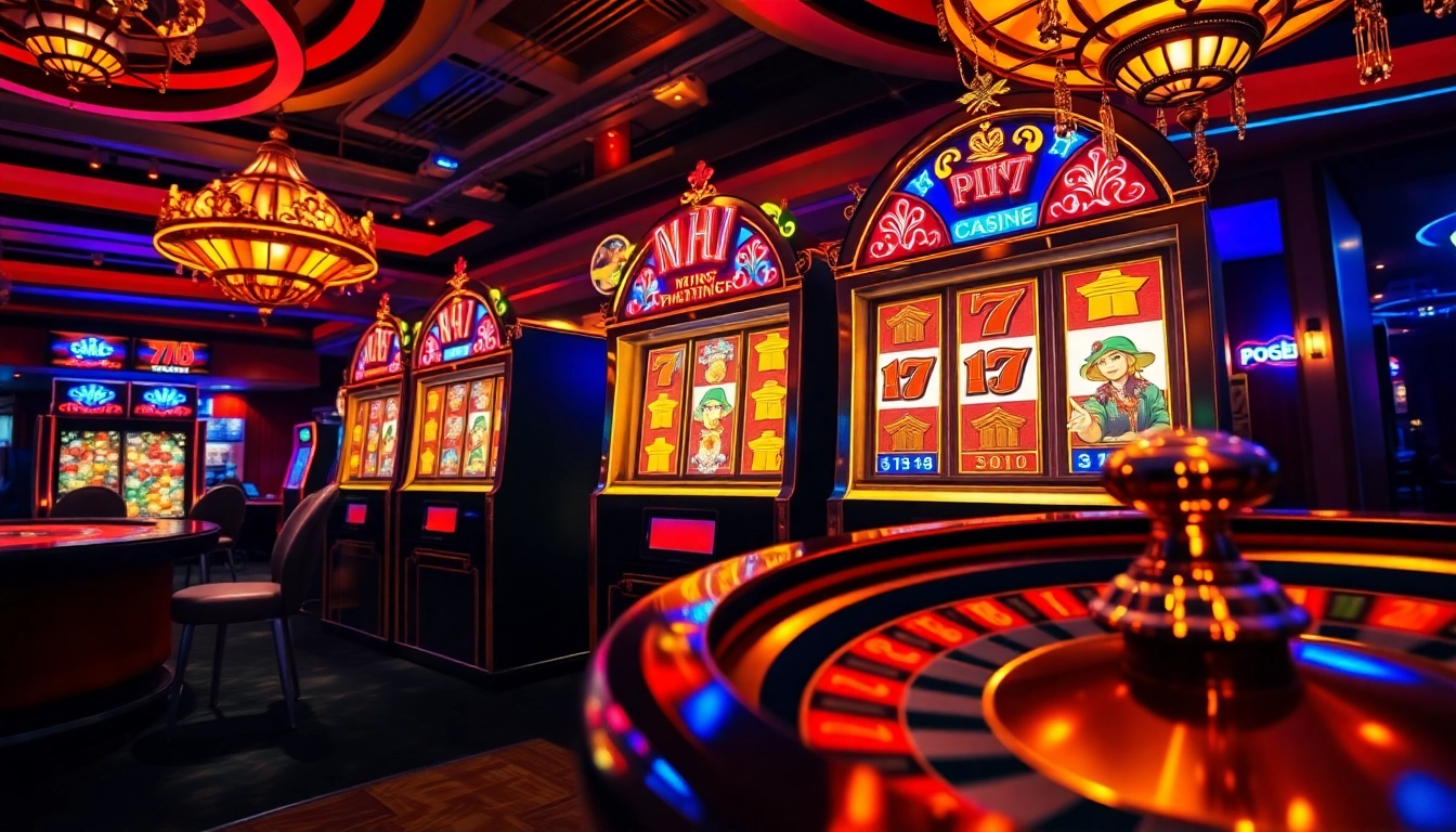 Exciting casino scene showcasing a nổ hũ slot machine with vibrant lights and colorful poker chips.
