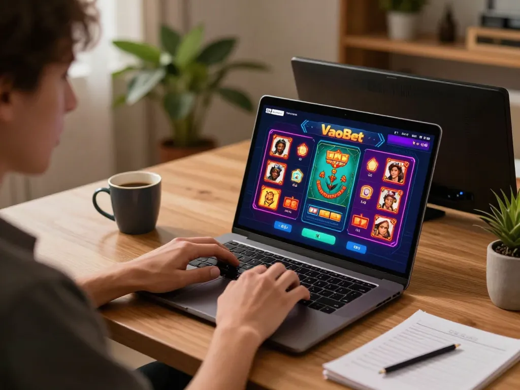 Person engaging with VaoBet's casino app on a laptop in a modern home setup, showcasing an exciting online gambling experience.
