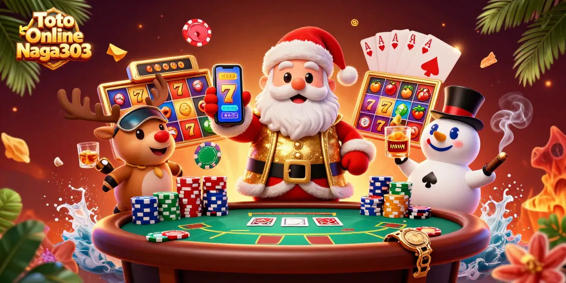 Toto Online Naga303 showcases a vibrant 3D scene with Santa playing slots and festive casino elements.