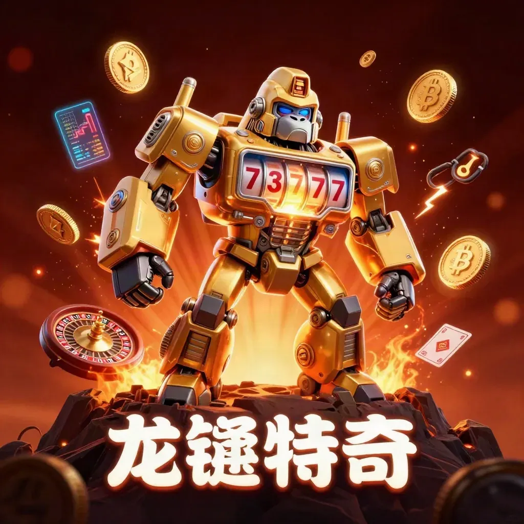 Golden mech gorilla with monkey pilot, coins, lightning, and casino elements in cinematic glow