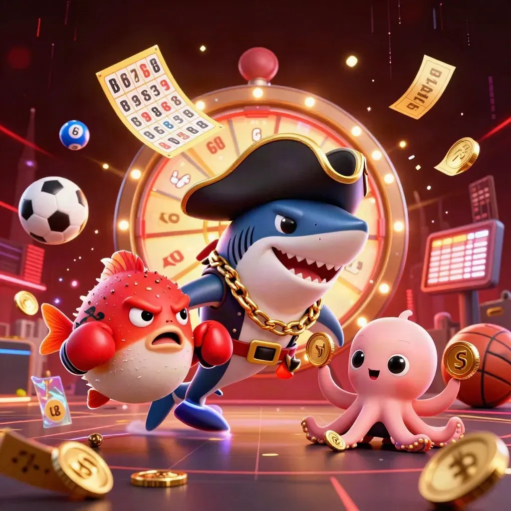 Pirate shark, boxing pufferfish, and coin-juggling octopus amid casino game chaos.
