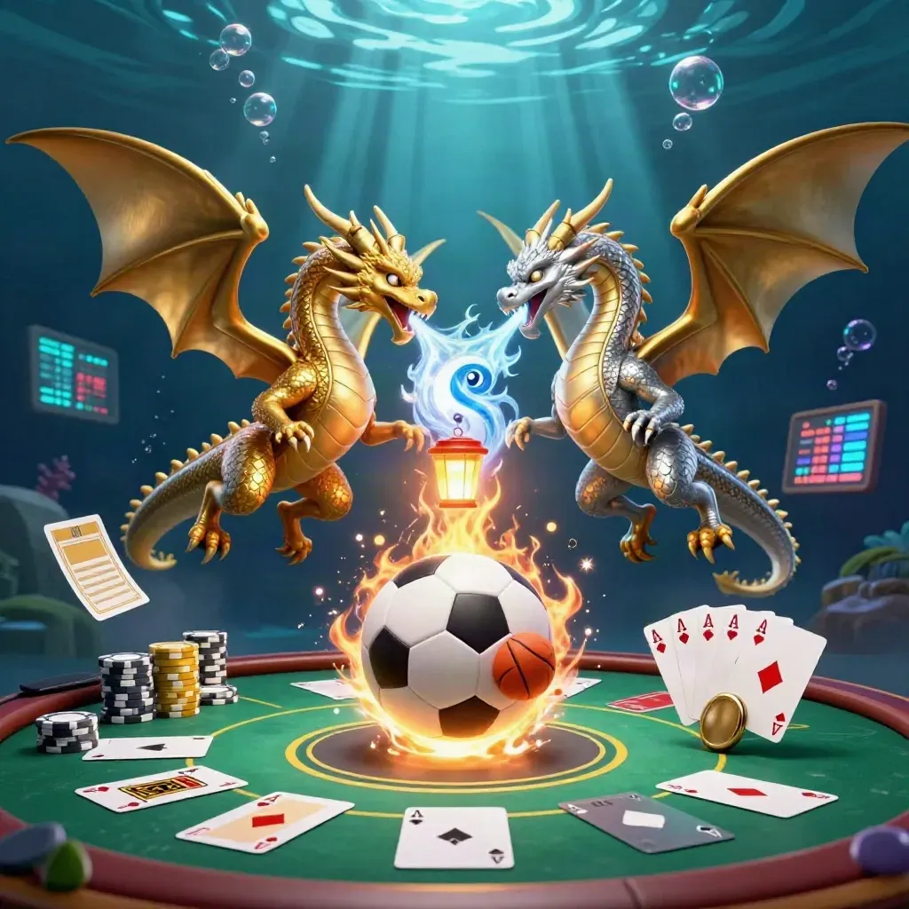 Gold and silver dragons in yin-yang fire and ice above casino props in teal underwater glow.