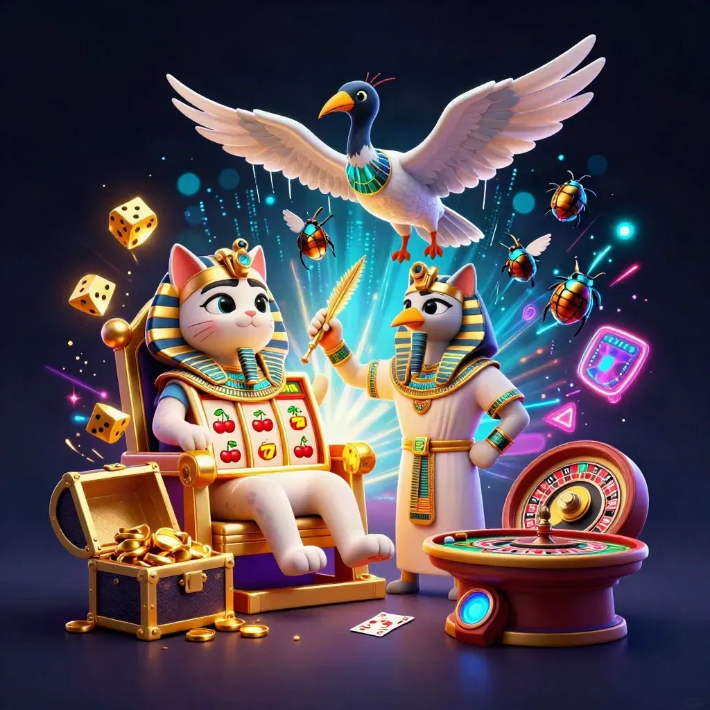 Pharaoh cat, ibis scribe, and gem-winged scarabs amid casino treasure and glowing effects