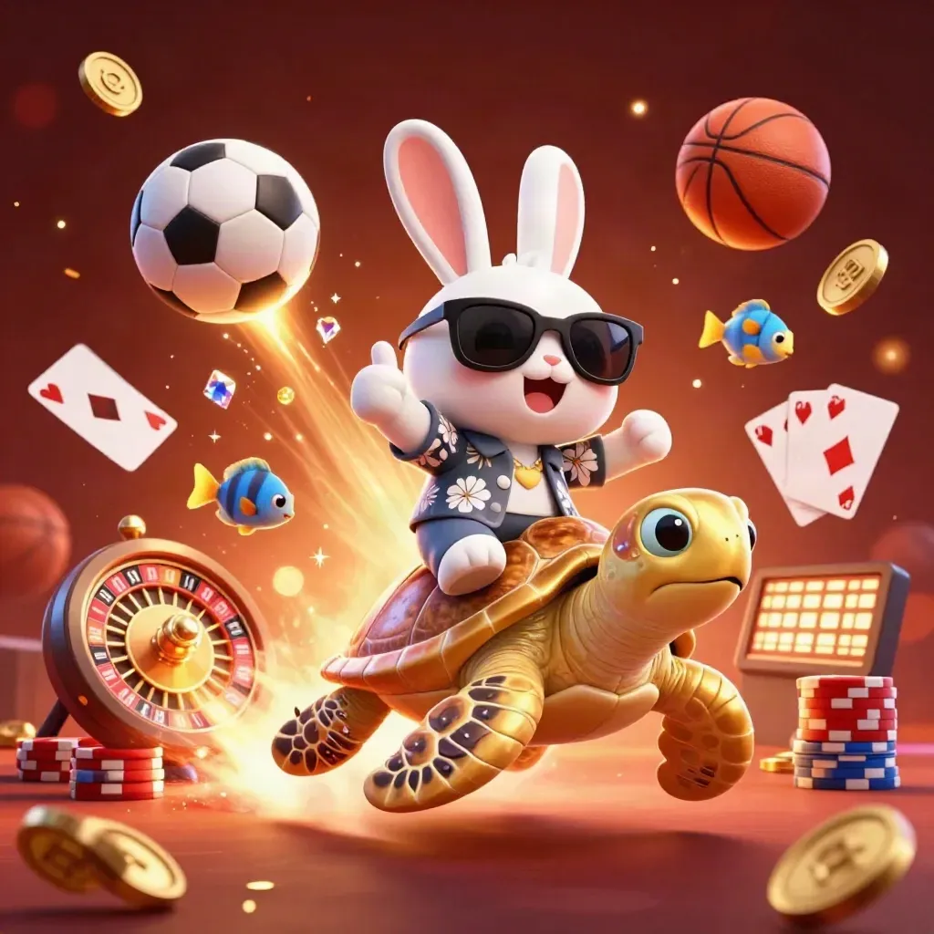 Lucky rabbit on gem-shelled turtle amid coins, cards, chips, soccer ball, basketball, and casino glow.