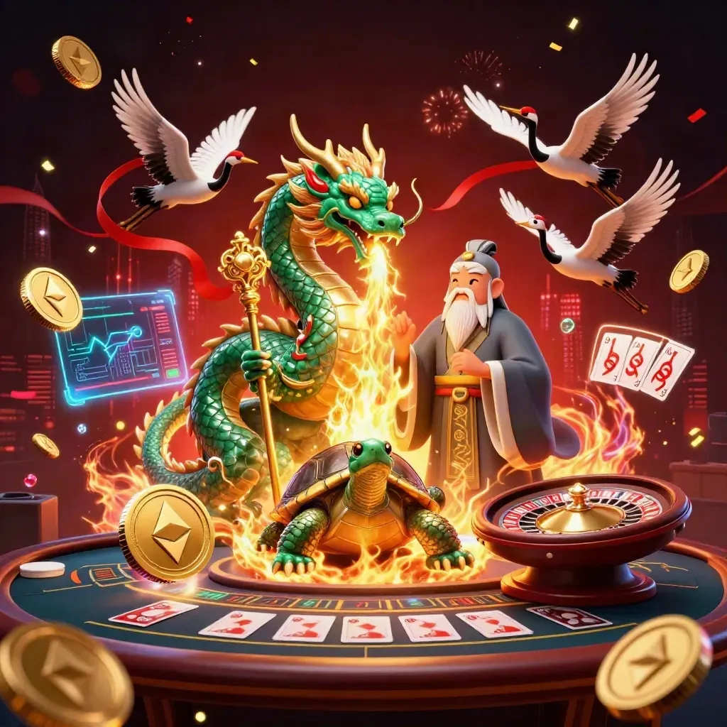 Jade dragon, turtle sage, and cranes amid casino glow, crypto coins, and fireworks.