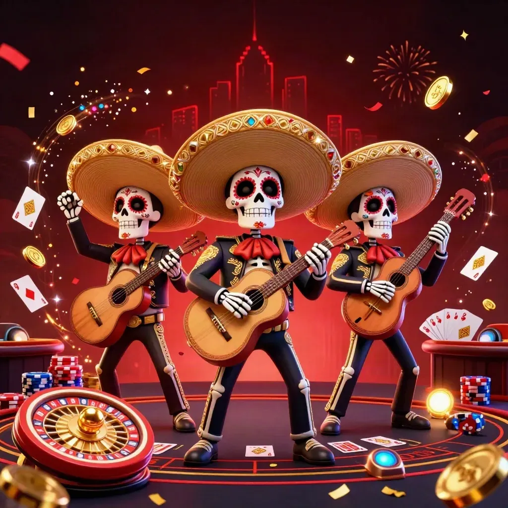 Skeleton mariachi trio amid casino gold, spinning roulette, chips, coins and fireworks