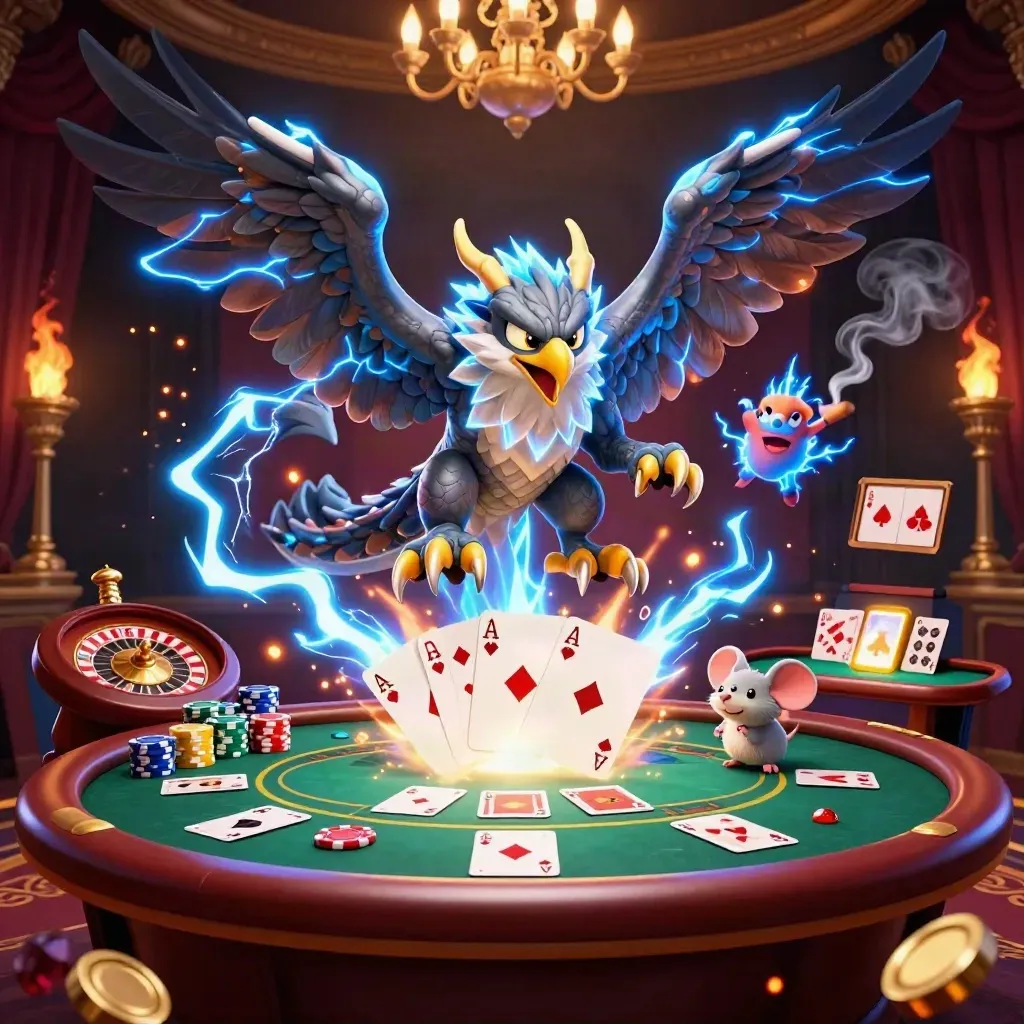Thunder dragon, wind hawk, and thunder-mouse over casino table with chips and glowing lights
