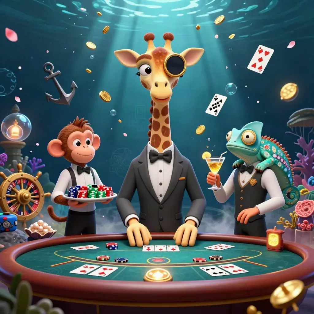 Underwater casino trio: giraffe high roller, monkey valet, and chameleon bartender amid treasure glow.