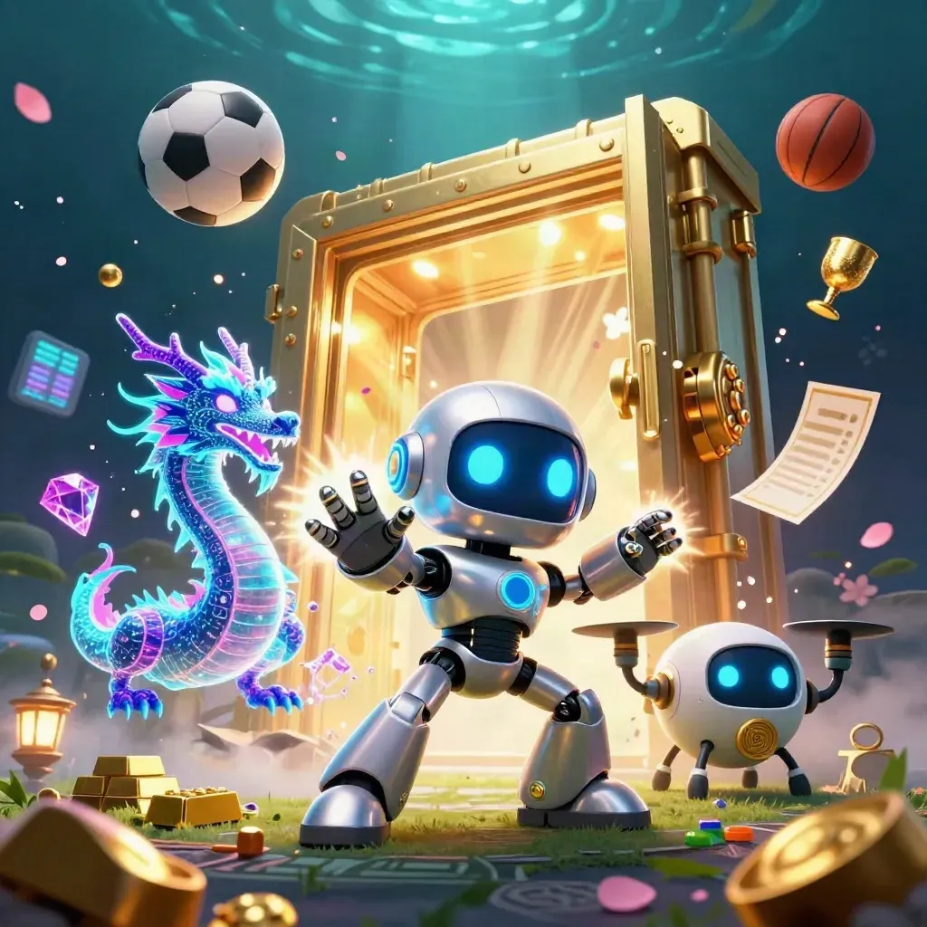 Chrome robot, holographic dragon and coin drone amid a gold vault burst, balls and casino sparks.