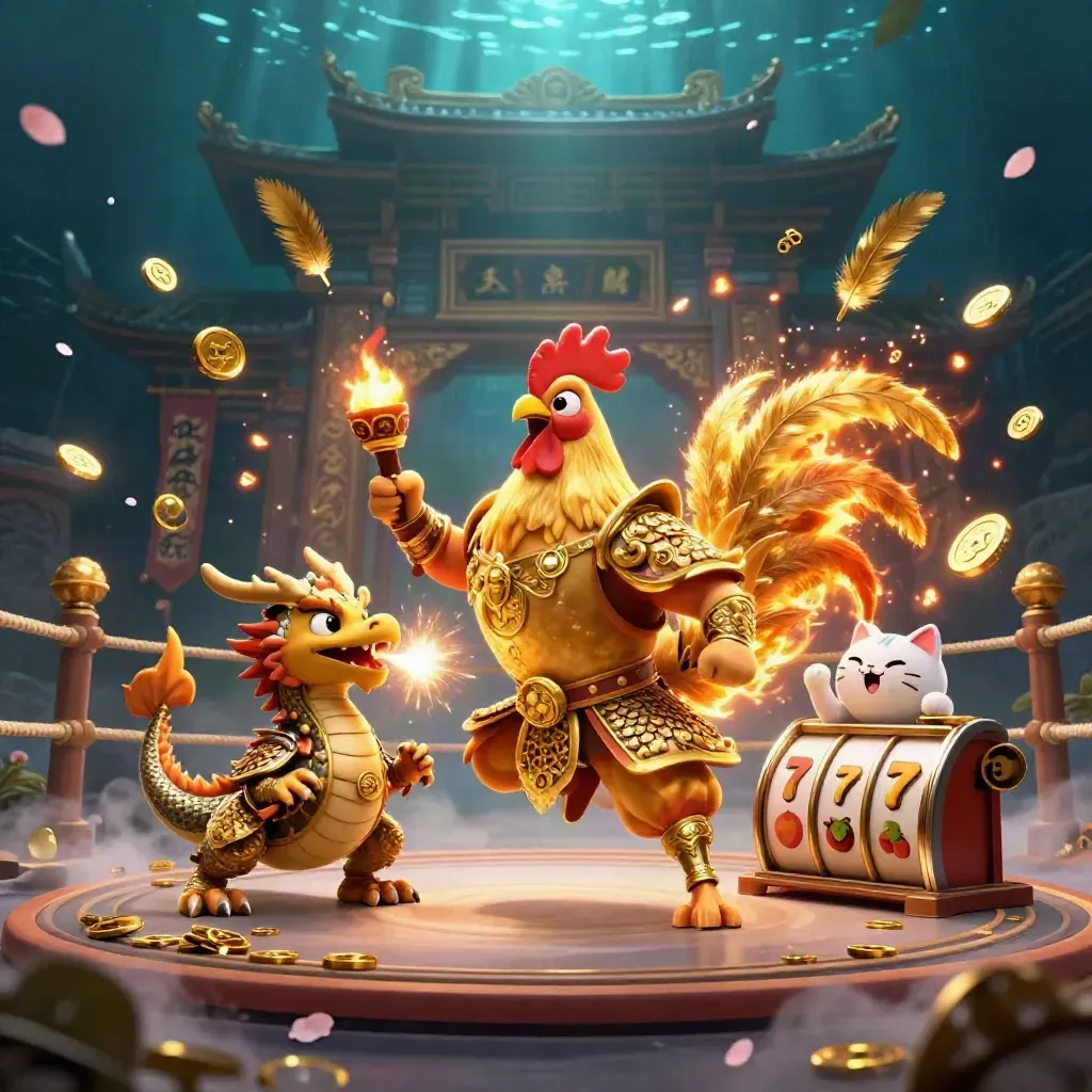 Rooster warrior, dragon hatchling, and fortune-cat in a golden casino battle scene.