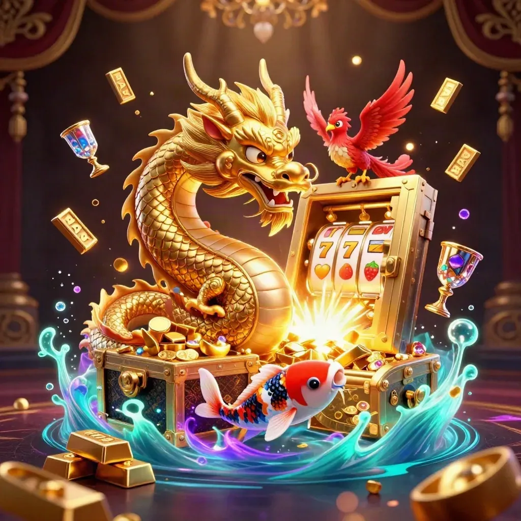 Golden dragon, phoenix, koi and treasure burst from a glowing vault in a premium casino splash scene