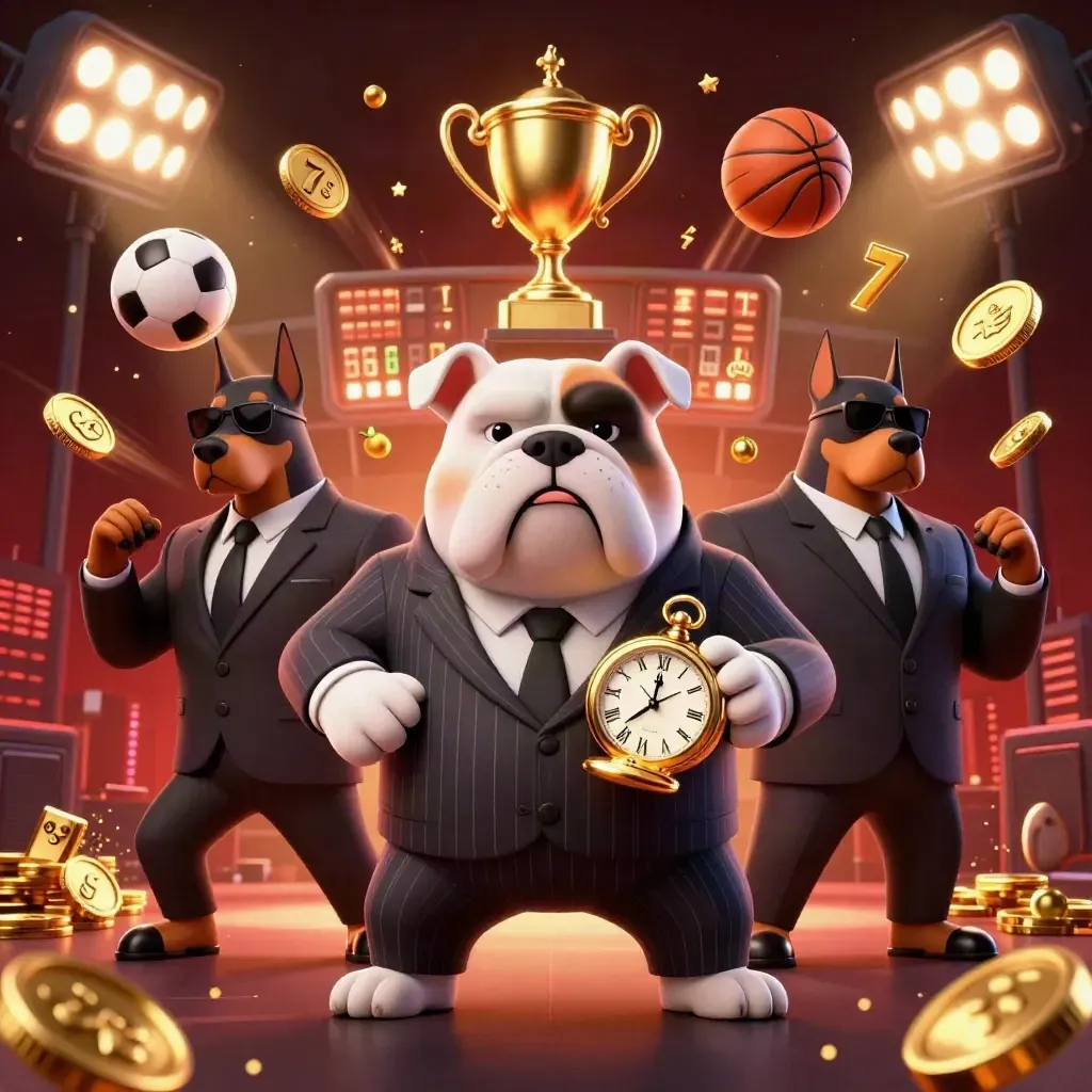 Mafia bulldog boss and Doberman guards burst through gold coins, balls, trophy glow, and casino sparks.