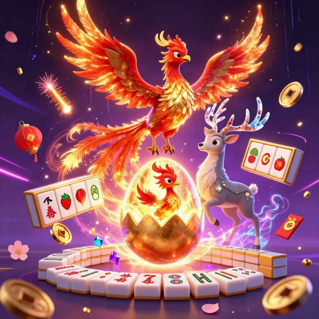 Phoenix trio with casino magic, gold coins, lanterns, and crystal antlers in a neon sky