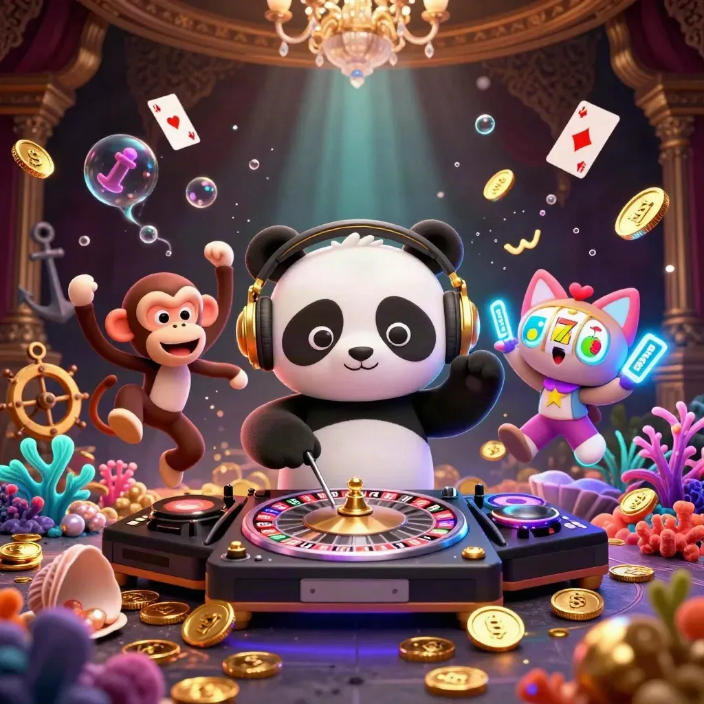 Panda DJ, dancing monkey, and glow-stick kitten in a treasure cove with coins, coral, and bubbles.