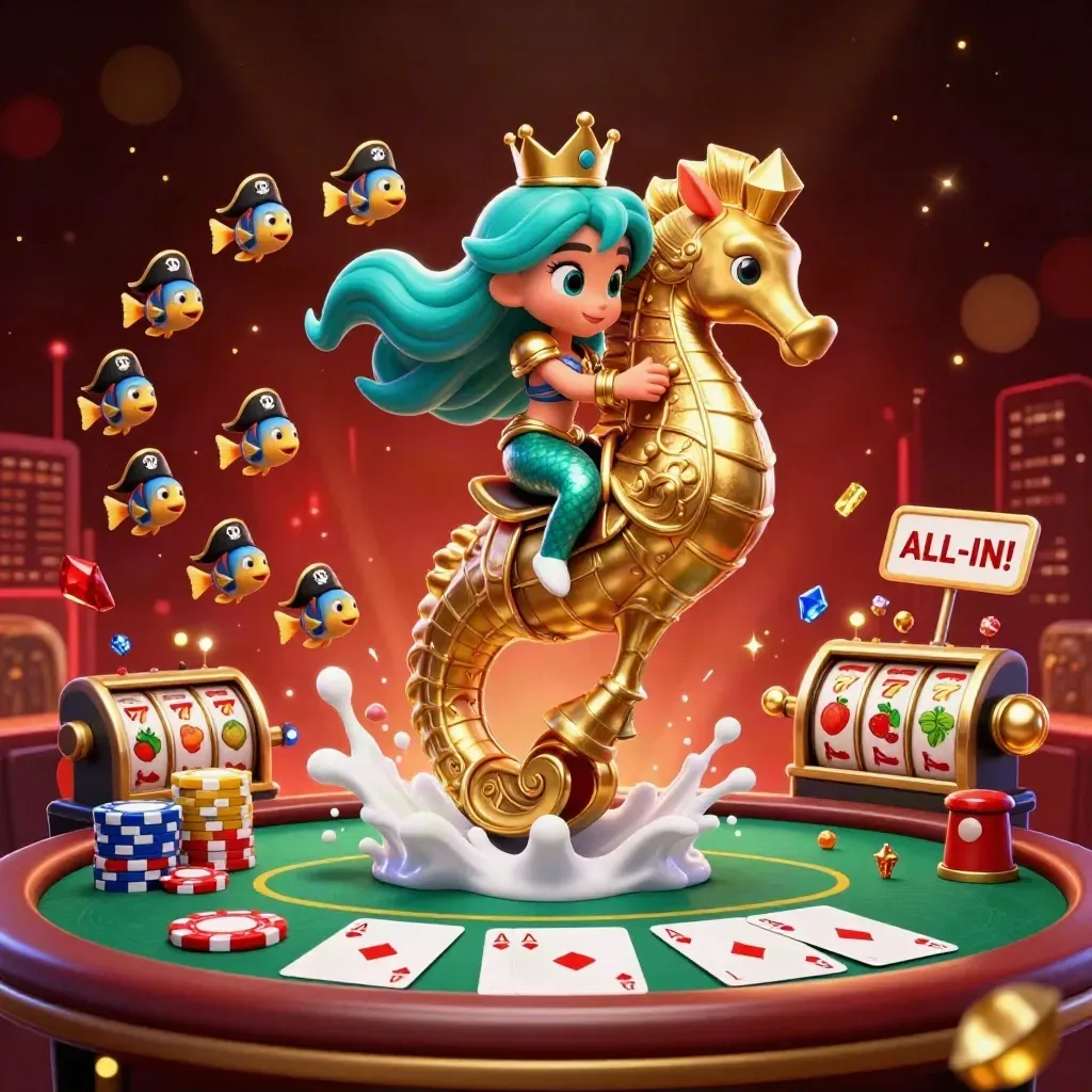 Mermaid princess on golden seahorse amid poker chips, cards, slot reels, and casino lights.