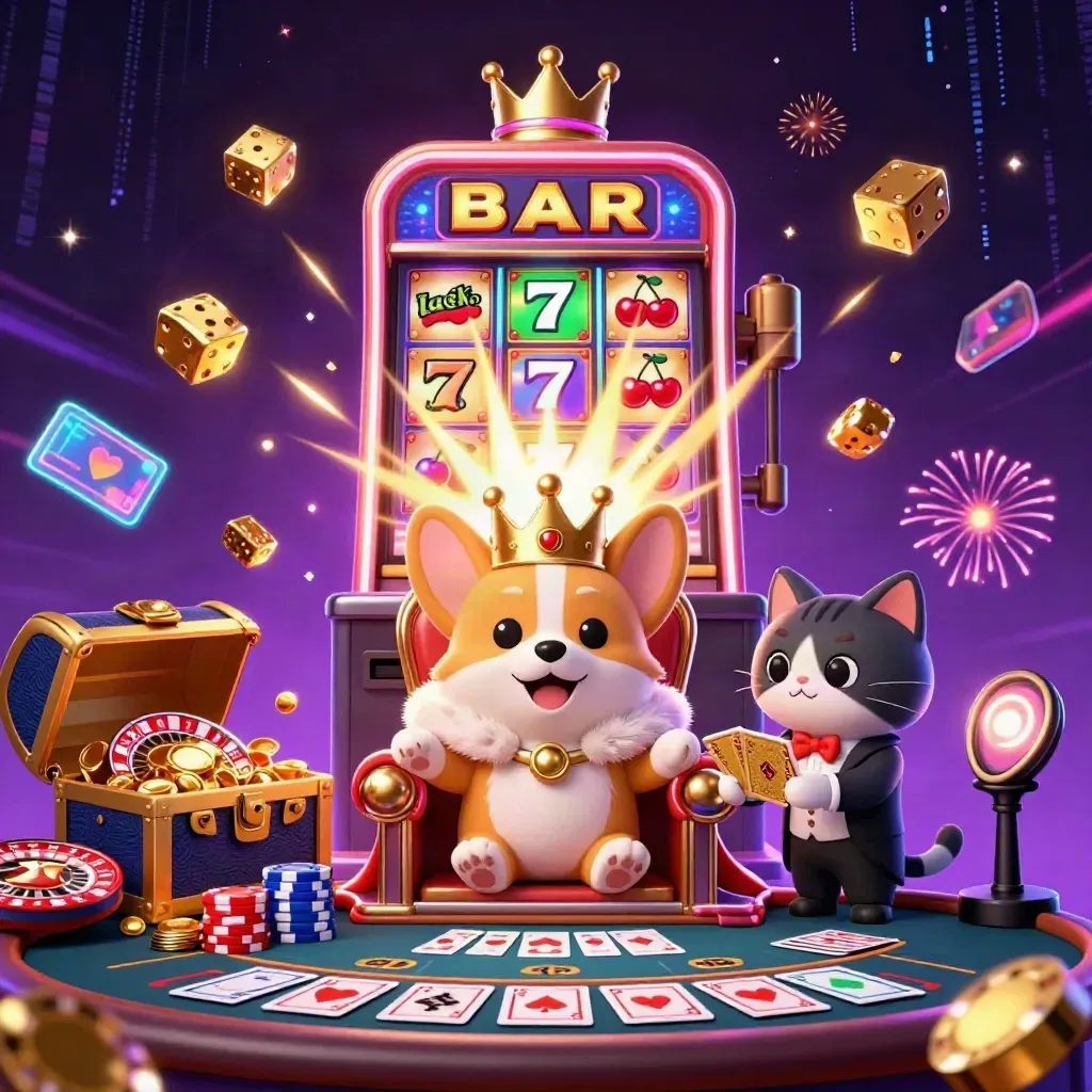 Royal corgi and cat butler amid bursting slots, coins, dice, chest, roulette and cards