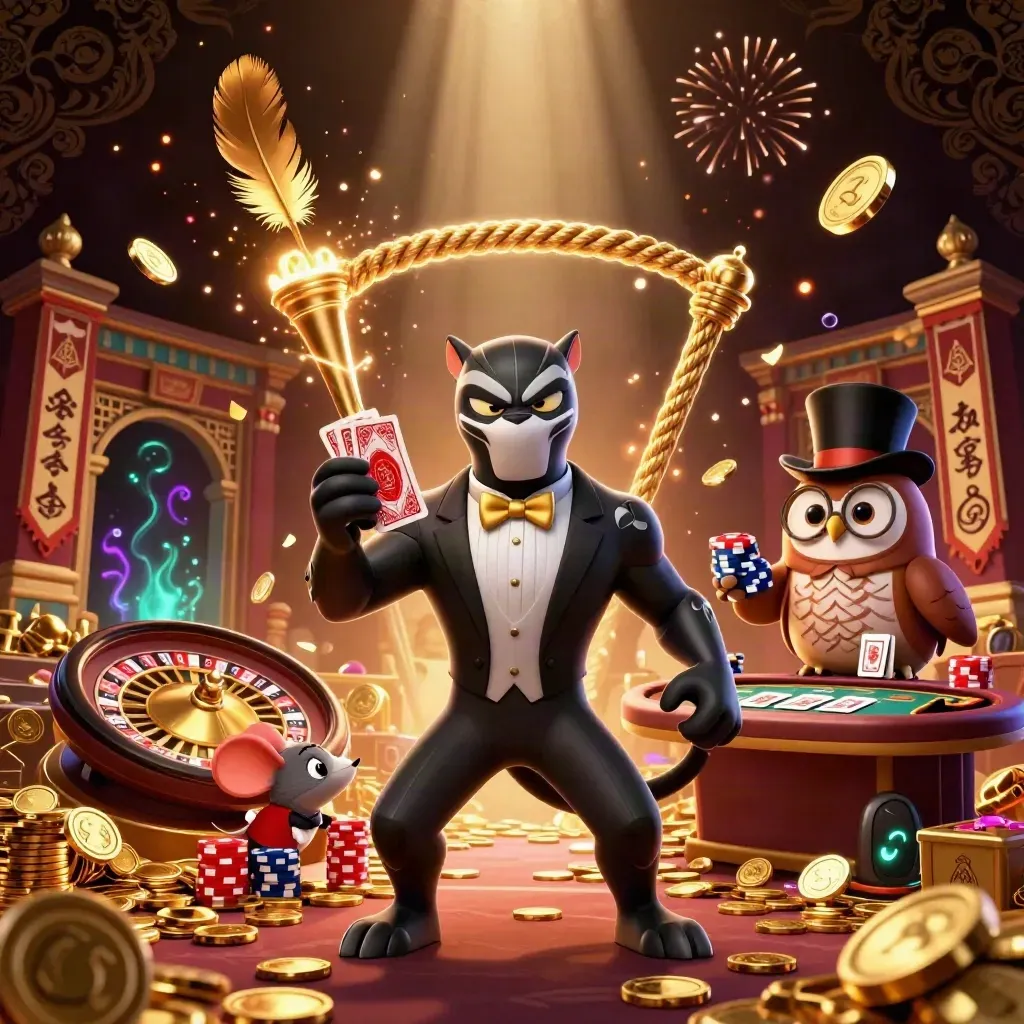 Panther, owl, and mouse in casino finery amid gold bursts, coins, cards, and neon glow.