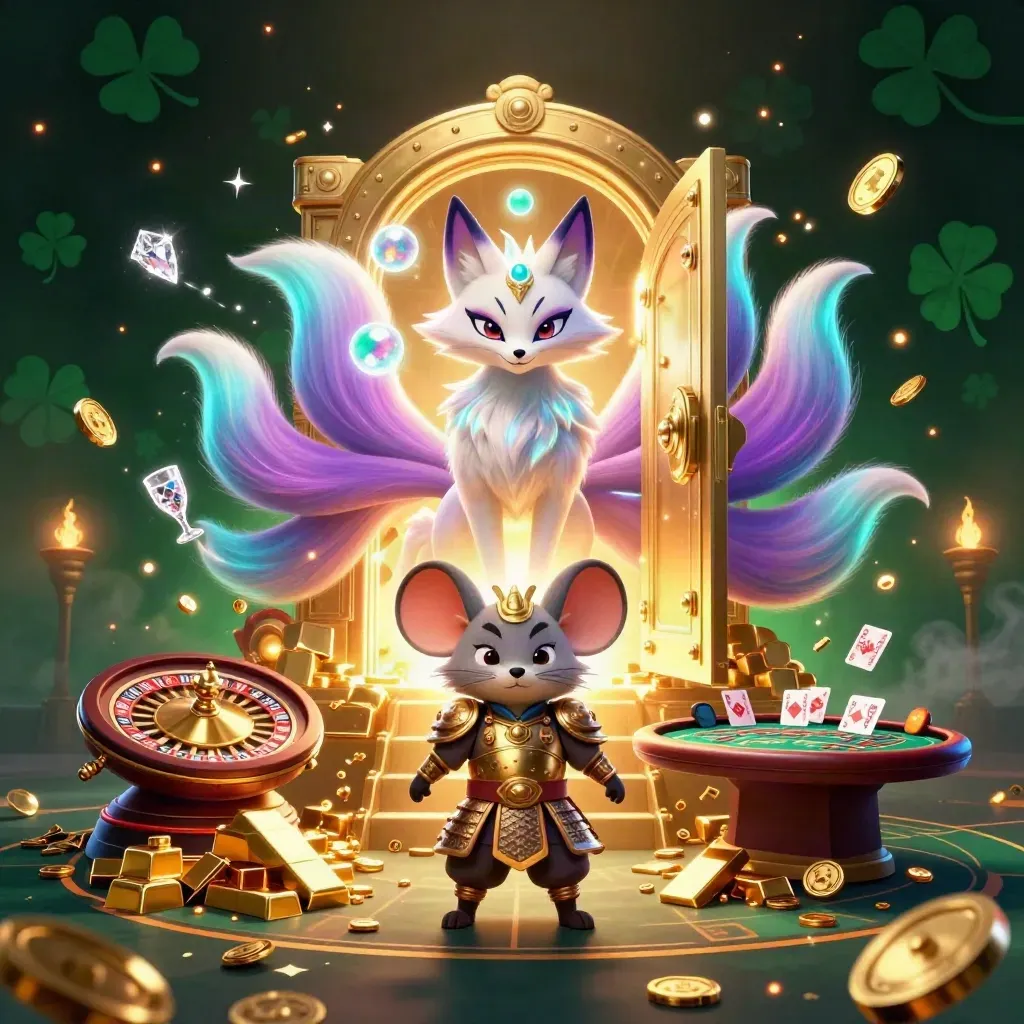 Fox spirit and armored mouse before an exploding gold vault with casino treasures and neon lights