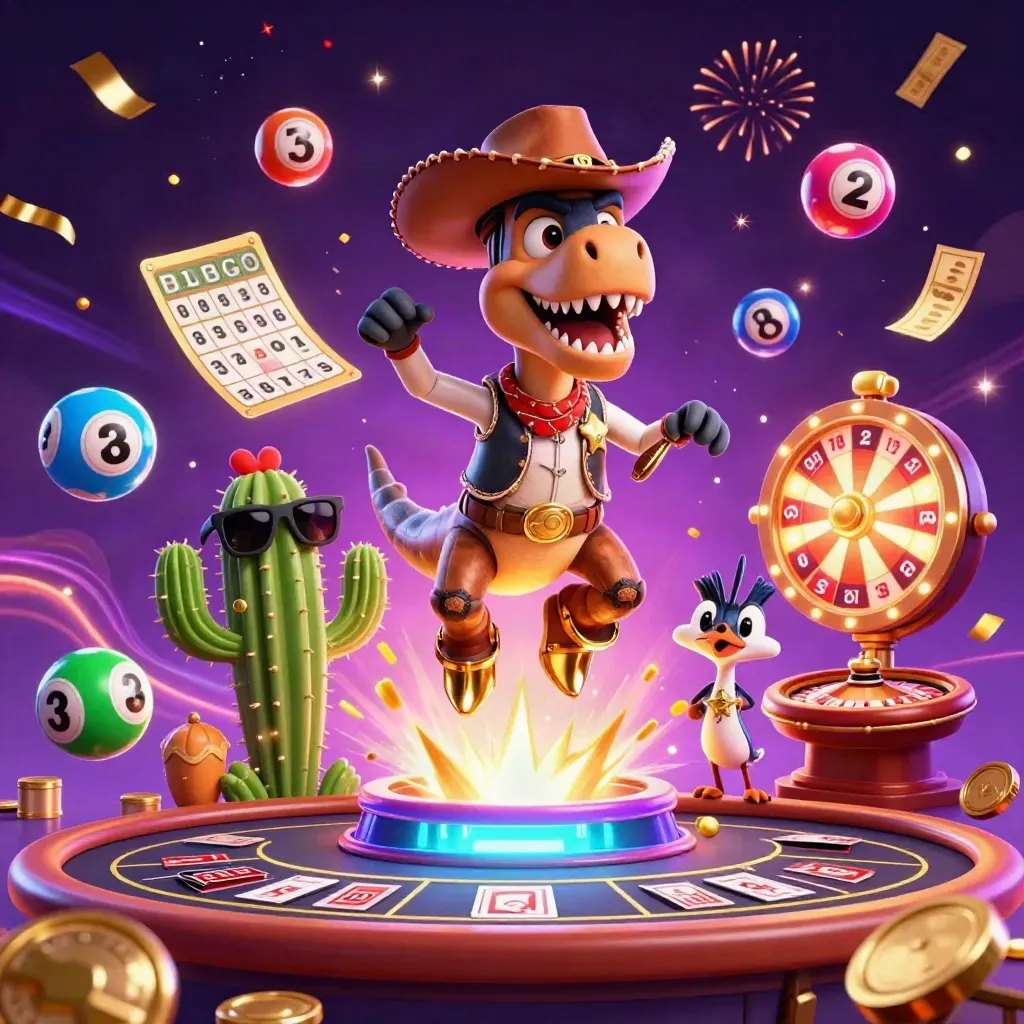 Cowboy T-Rex, cactus sidekick and roadrunner amid casino treasure bursts and glowing game elements